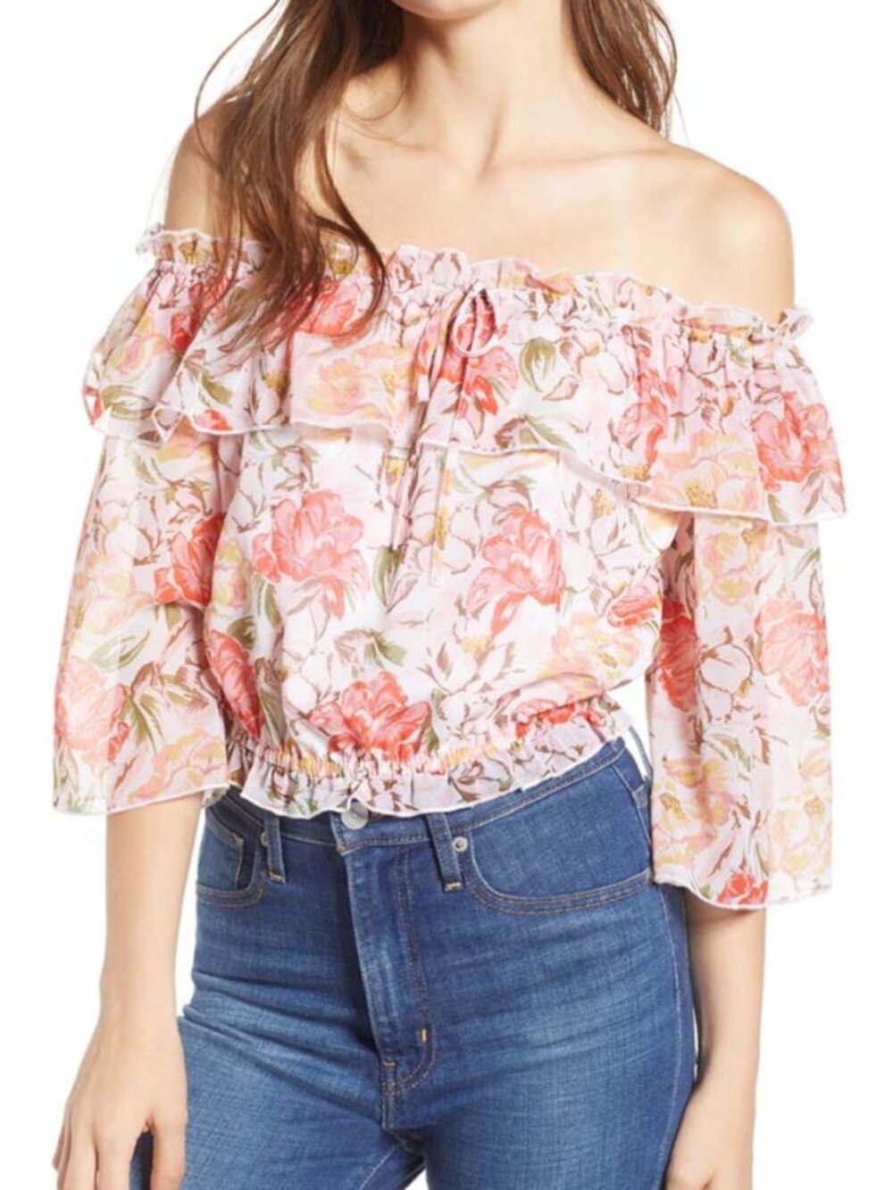WAYF Floral Off Shoulder Ruffle Crop Top Size Small